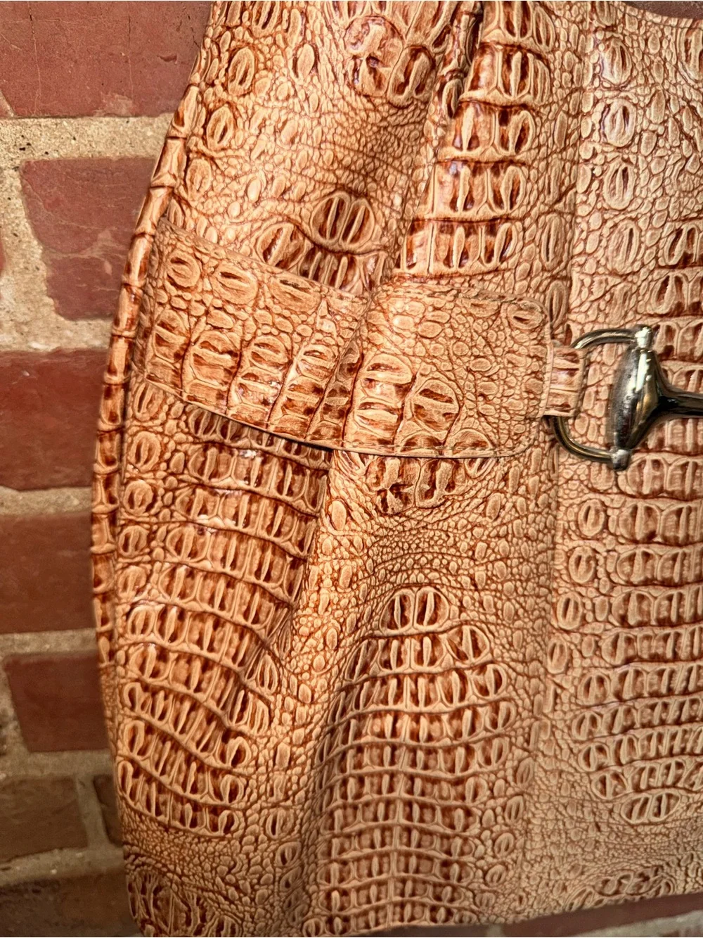 Tan Croc-Embossed Leather Tote Bag Shoulder Purse Carry On